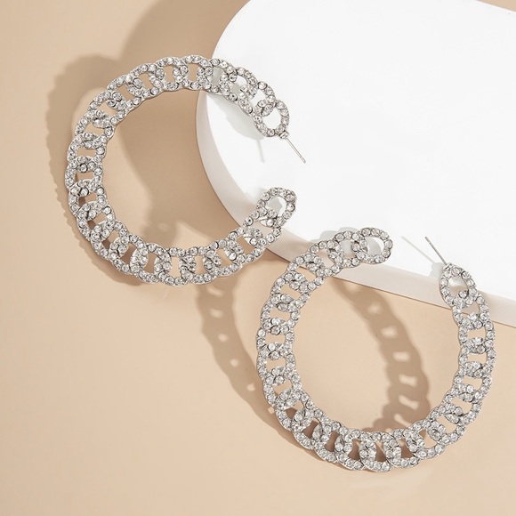 Retro Cuban Link Rhinestone Hoop Earrings (Various Colors) - Picture 4 of 9